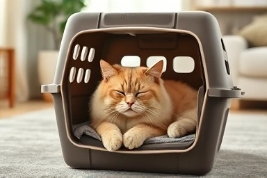 Cat sleeping peacefully in an open carrier